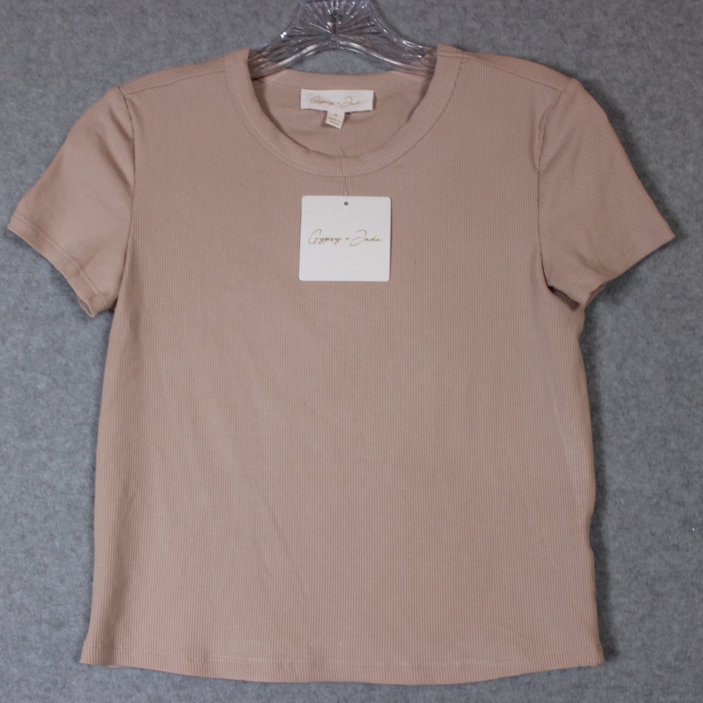 Gypsy + Jade Ribbed‎ Knit Crewneck TShirt Taupe Basic Casual Women's Medium